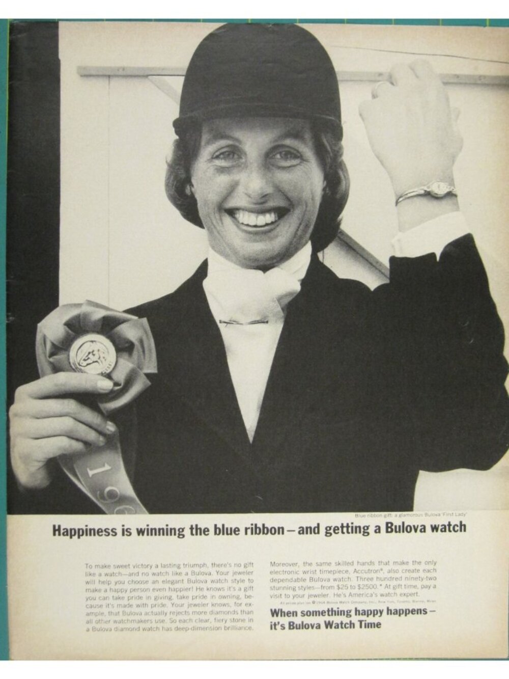 Print Ad Happiness Is Winning The Blue Ribbon Bulova Watch Vintage 1960s Adverti
